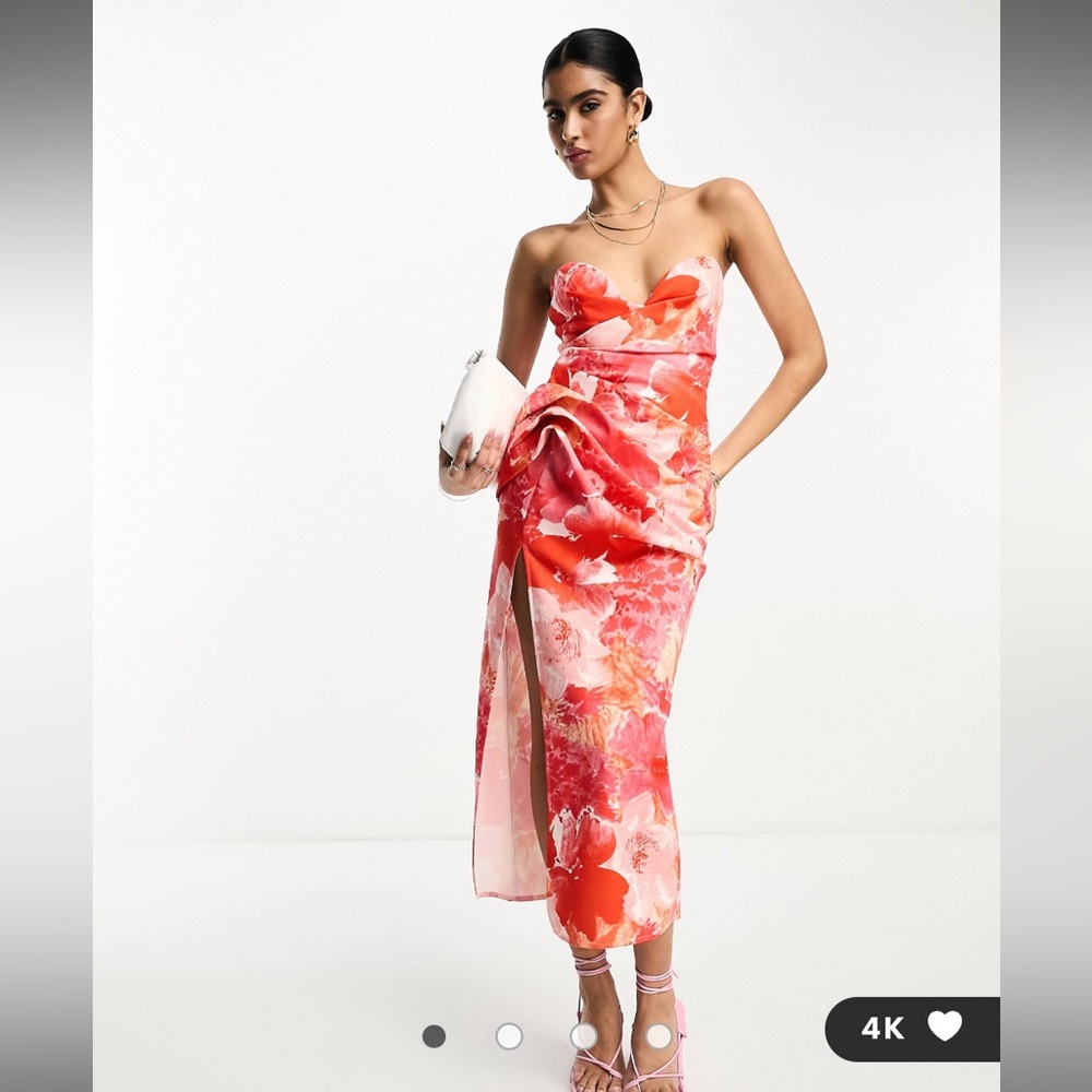 ASOS DESIGN bandeau hitched hip midi dress in pink floral